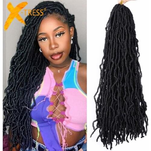 X-TRESS Synthetic Crochet Braids Hair Curly Faux Locs Ombre Black Colored Long Braiding Hair Extension For Women Soft Dreadlocks