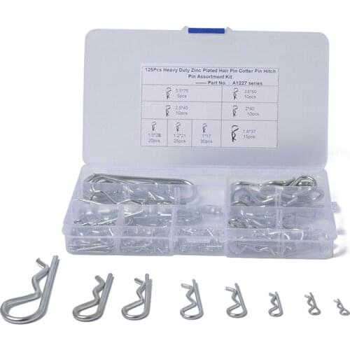 125PCS Carbon Steel Zinc Plated R Type Wave Clip Cotter Hitch Pin Clips Fastener Hairpin Assortment Kit For Tractor Cars Trucks