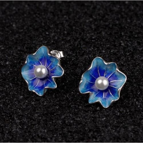 Pearl Lotus Leaf Stud Earrings S925 Sterling Silver Vintage Burnt Blue Temperament Ladies Freshwater Pearl Pendant for Cheongsam