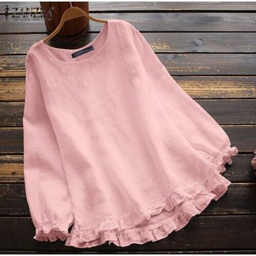 Women Casual Ruffles Blouse Spring O Neck Long Sleeve Tops ZANZEA Vintage Cotton Shirt Solid Color Blusas Loose Tunic Chemise