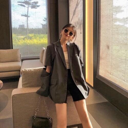 Women Fashion Shoulder Ruffle Removable Long-sleeve Gray Blazers Spring Autumn Korean Loose Casual Single-breasted Suit Jacket