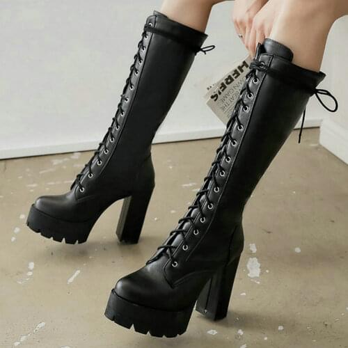 Black White Women Knee High Boots Platform Square High Heel Ladies Motorcycle Boots PU Leather Cross Tied Womans Boots Black