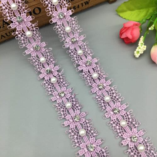 1 Yard Purple Pearl Beaded 3D Lace Trim Tape Lace Ribbon African Fabric Collar Wedding Dress Sewing Garment Headdress Materials