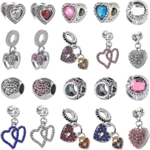 2Pcs/Lot Hot Sale Silver Plated Shinning Heart Charm Beads Fit European Style Brand Bracelets For Women Jewelry Gift Making
