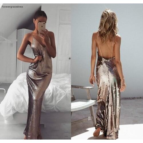 2019 Cheap Backless Sequined Prom Dress Spaghetti Straps Arabic Dubai Celebrity Formal Holiday Wear Party Gown
