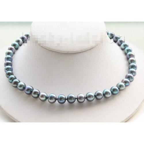 FREE shipping>>>> luster 17" 9-10mm natural round peacock black freshwater pearls necklace