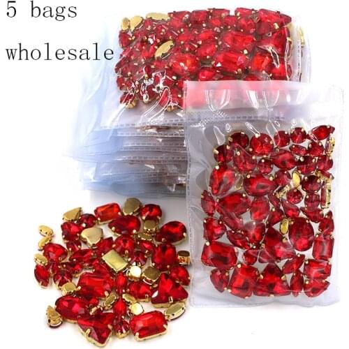 Free shipping Wholesale 5 bags mixed shape sew on glass Red gold base rhinestones diy dress/Clothing accessories