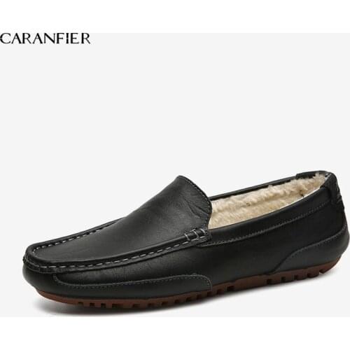 CARANFIER Velvet Winter Mens Loafers Shoes Casual Rubber Solid Color Soft Comfortable Round Toe Breathable Genuine Leather Shoe