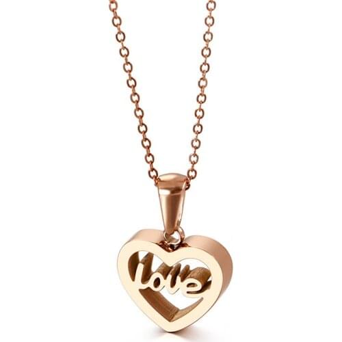 Fashion Women Girls Color Color Rose Gold Crystal Stainless Steel Hollow Small Lover Heart Letter Pendant Necklace Jewelry