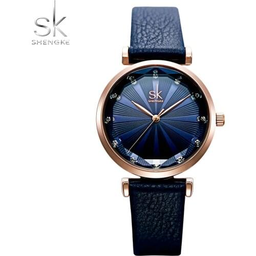 Shengke New Ladies Luxury Watches Quartz Wristwatches Leather Strap Small Creative Watch Orologio Donna Green Dial Women Watches