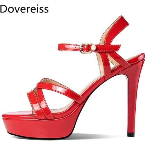Dovereiss Fashion Summer Womens Shoes Narrow Band Red Apricot Elegant Waterproof Buckle cowhide Femmes Sandals Stilettos Heels