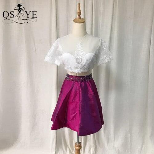 Two Pieces Short Evening Dress Taffeta Prom Dress High Neck Lace Short Sleeves Formal Dress Bead Belt Cheap Girl Party Gown