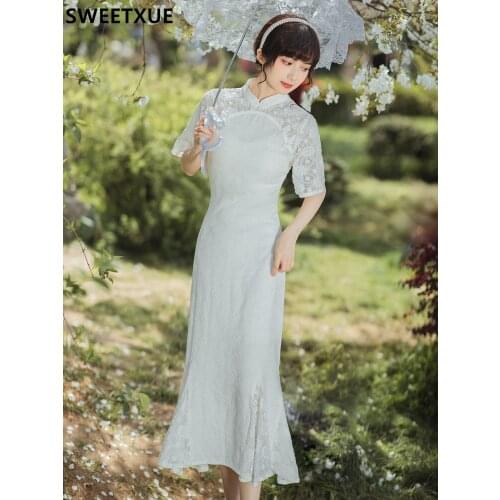 SWEETXUE Vintage Gentle Improved Lace Cheongsam White Dress Summer Temperament Elegant Long Fishtail Dress Female Vestidos Robe