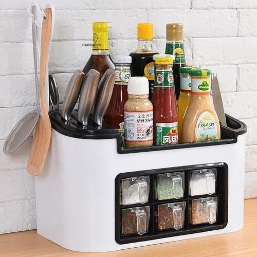 Kitchen Shelf No Hole Spice Box Spice Jar Bottle Storage Rack Knife Rack Supplies Spices Tableware Storage Box
