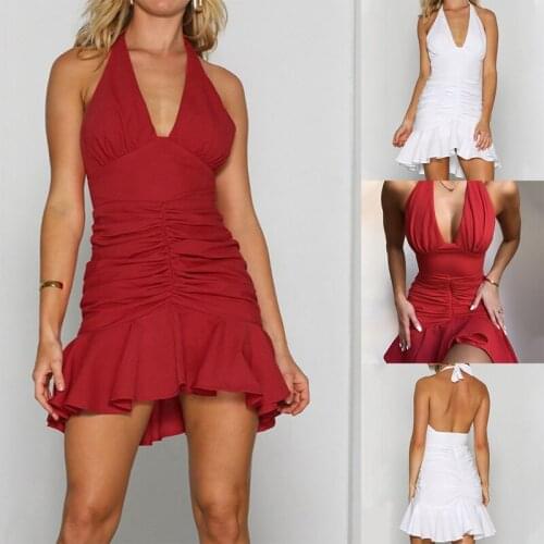 Hot kf-Womens Halter Lace Ruffle Short Skirt High Waist Slim Summer Sexy Dress