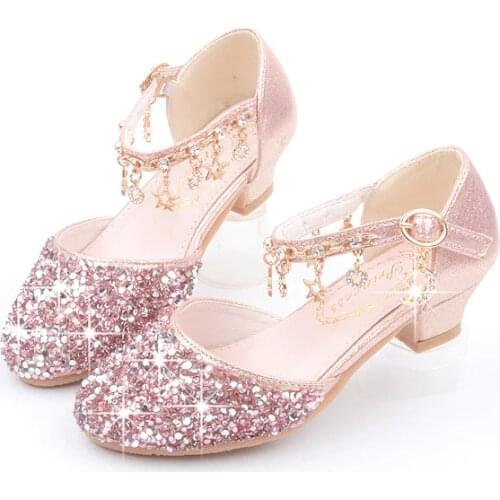New 2019 Children Princess Sandals Kids Girls Wedding Shoes High Heels Dress Shoes Bowtie Gold PU Leather Shoes