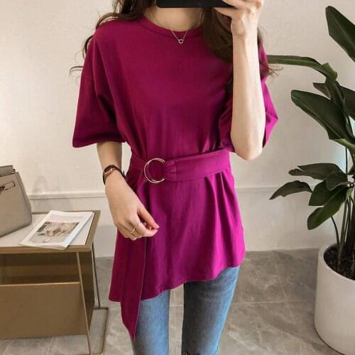 2020 new short-sleeved t-shirt female students Korean loose mid-length irregular solid color waist bottoming shirt shirt
