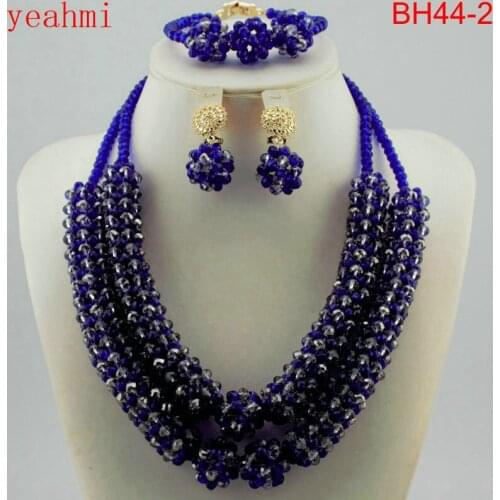 New Nigerian Crystal Beads Necklace Jewelry Set African Handmade Royal Blue Style Wedding Jewelry Set BH44-1