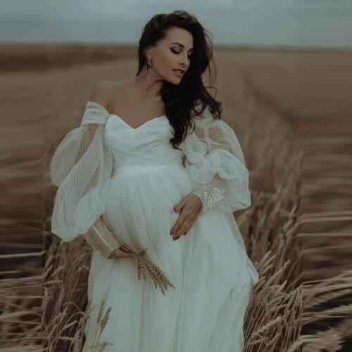 Beach Style White Maternity Dresses For Photo Shoot Off The Shoulder Tulle Dress Long Sleeves Bridal Fluffy Tulle Maternity Robe