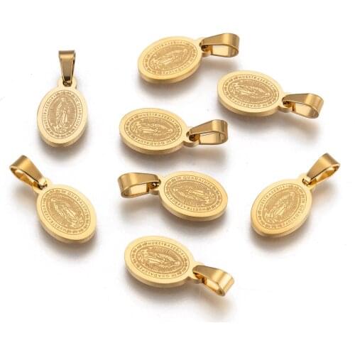 Oval with Virgin Mary & Word Necklaces&Pendants For Stainless Steel Gold-Color Pendant Necklaces Prayer Jewelry, 13.5x8x1.5mm