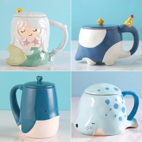 Pony XingKong Hand-painted Whale Animal Cup with Cover Lovely Mug Large Capacity Ceramic Water Cup Female