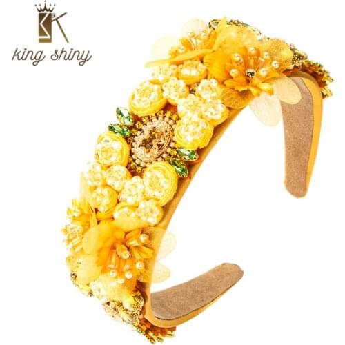 King Shiny Luxury Color Crystal Flower Headband Elegant Hand Made Imitation Pearl Beaded Hairband Bridal Wedding Hair Accessory