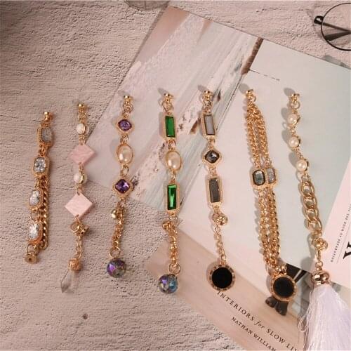 New Retro Gemstone Pearl Mobile Phone Lanyard DIY Gold Cell Phone Shell Strap Metal Chain Bracelet Case Hanging Cord for Women