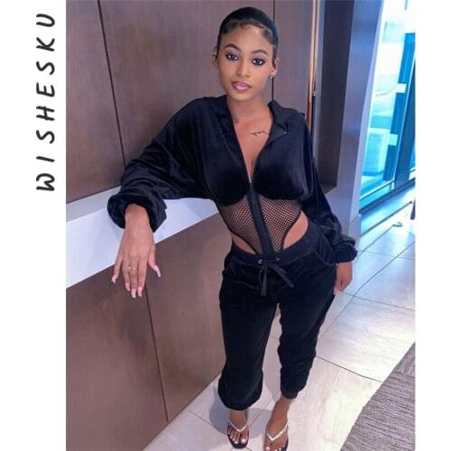 Solid Mesh Patchwork Sexy Bodycon Hoodied Casual Bodysuits + Drawsting High Waist Joggers Pants 2021 Autumn Streetwear 2 Pcs Set