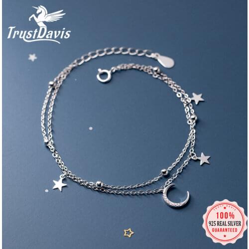 TrustDavis Genuine 925 Sterling Silver Fashion Double Chain Moon Star Bracelet For Women Wedding Valentines Day Jewelry DB1161
