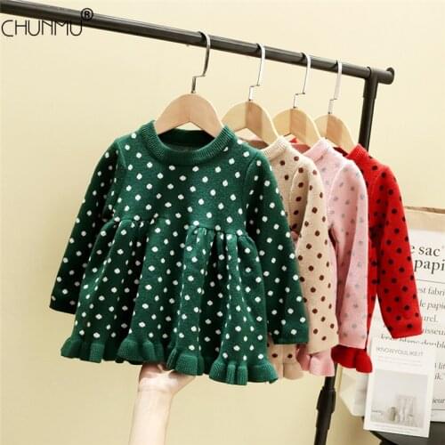 Polka Dot Knitted Dress For Baby Girls Autumn Winter Long Sleeve Pullover Sweater Princess Dress Infant Birthday Party Dress