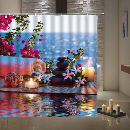 Zen shower curtains bathroom decoration 3D bamboo flowing water green bamboo Buddha shower curtain waterproof curtain with hook