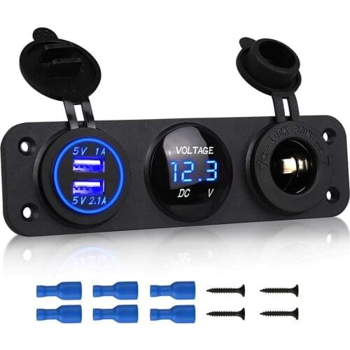 Dual USB Socket Charger 2.1A+2.1A 12V Cigarette Lighter LED Voltmeter 3 in 1 Charger Panel for Car Motocycle Boat Marine Truck