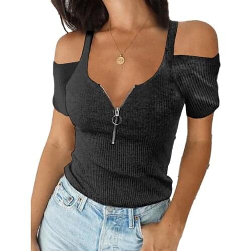 Zipper Women Shirts Summer Short Sleeve Solid Color Pullover Elegant Slim Fit Bodycon Casual Sexy Off-Shoulder V Neck Hollow Out