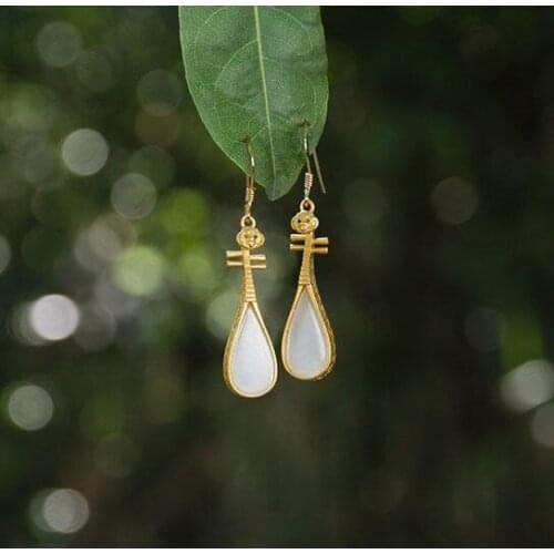 S925 Sterling Silver Natural Hetian Jade White Jade Pipa Earrings Ladies Fashion Popular Fresh High-Grade Ornament