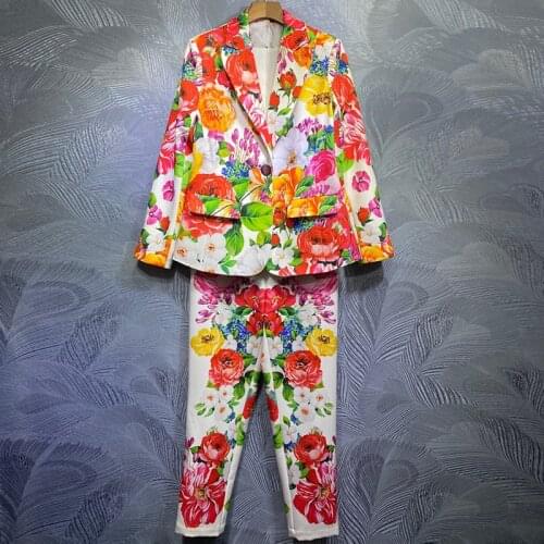 Seifrmann Women Summer Fashion Designer Pants Sets Long Sleeve Floral Print Tops+High Waist Long Pants 2 Two Pieces Suits 2021