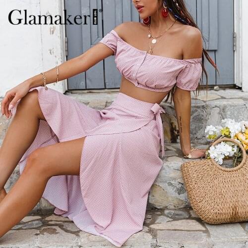 Glamaker Polka dot flower office ladies women set Off shoulder crop top and skirts 2 piece suit Fashion puff sleeve summer skirt