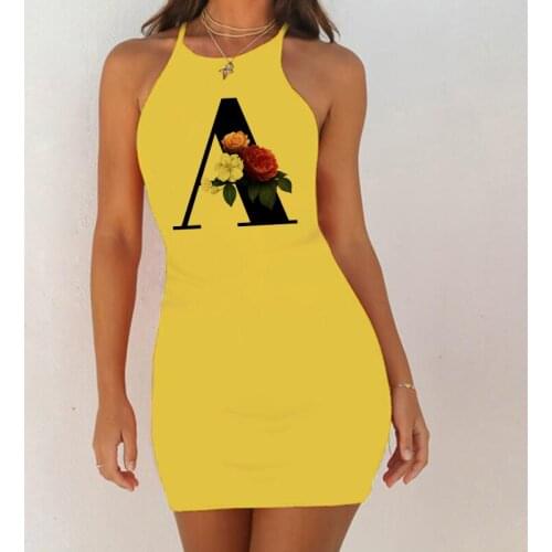 Summer Dress Alphabet Print Print Elastic Sling Slim Pack Hip Women Vestidos Bodycon Dress Sleeveless Yellow Short Party Dress