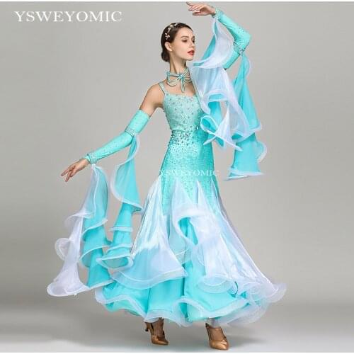 Women Dance Wear Azure Color Standard Ballroom Dress Dance Wear Competition Ballroom Waltz Flamenco Dress