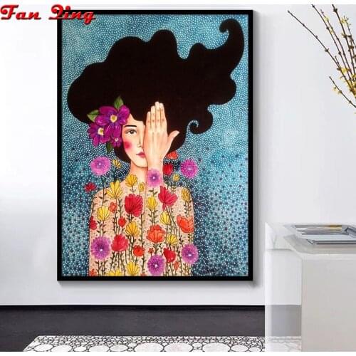 Abstract Girl Hair Flower Bird Wall Art Painting Nordic Colorful 5D DIY Diamond Embroidery Vintage Wall Pictures Art Kids Gift