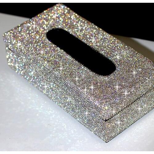 Diamond Pasted Leather Car Tissue Box Bling Bling Luxury Car Paper Towels Cover Case White for Home Office Interior Accessories