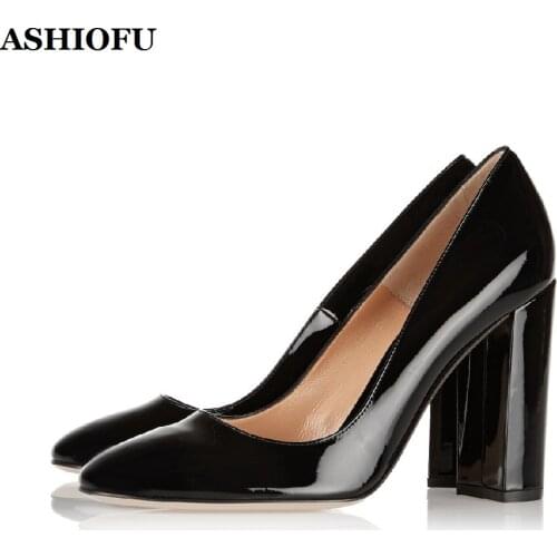 ASHIOFU New Style Womens Chunky Heel Pumps Patent Leather Slip-on Party Prom Dress Shoes Large Size Evening Fashion Court Shoes