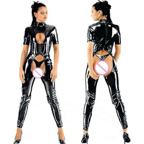 Black Wetlook Faux Leather Sexy Latex Catsuit Women PVC Hollow Out Open Crotch Costumes Clubwear Hot Erotic Pole Dance Bodysuit