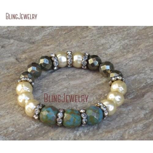 Boho Hippie Czech Turquoises Czech Pearls Pyrite Crystals Stretch Bracelet BM24072