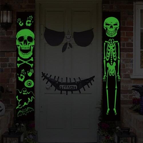 Halloween Door Decorations Luminous Couplets Outdoor Porch Hanging Banners Flag Glow in The Dark Demon Skeleton Bat