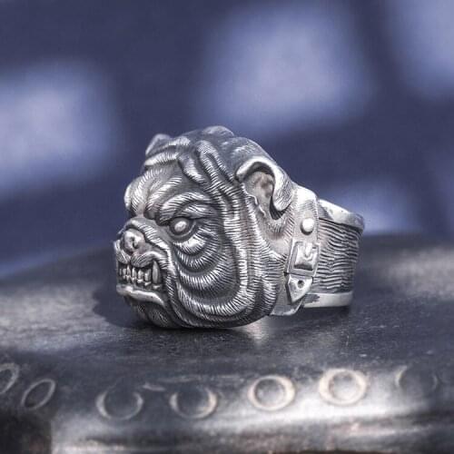 Solid 999 Sterling Silver Thai retro biker MENS men handmade dog bulldog rings ring jewelry gift A4783
