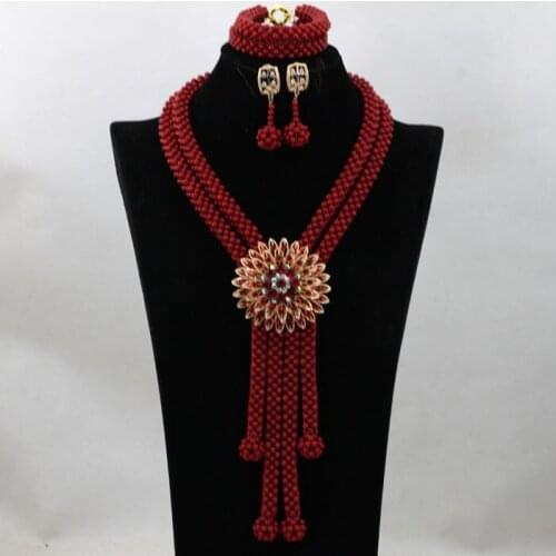 African Red Coral Beads Jewelry Set Handmade Bridal Coral Necklace Set for Nigerian Wedding Free Shipping CNR512