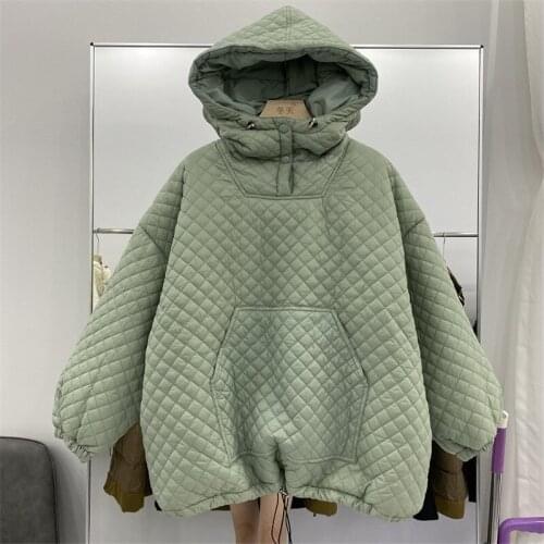 Korean Women Lightweight Hooded Down Sweatshirt Green Loose Pocket Long Sleeve Winter Female Parkas Coat Casual Mujer Chaqueta