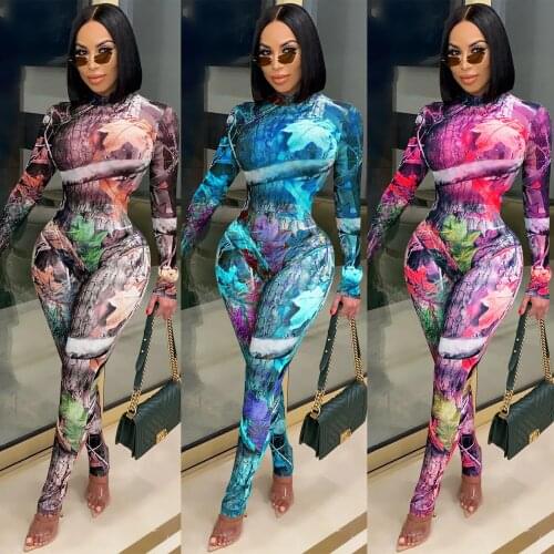 Fashion Print Two Piece Set Woman Long Sleeve Mock Neck Bodysuit Top And Long Pencil Pants Sexy Night Club Party Outfits
