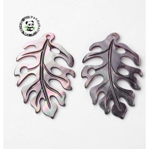 Pandahall 10pcs Natural Black Lip Shell Leaf Pendants for necklace Earring Vintage jewelry making, 35x24x2mm, Hole: 1mm F60