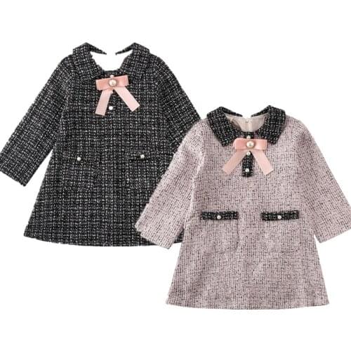 Toddler Kids Baby Girls Dress Cute Bow Long Sleeve Plaid Tutu Formal Party Dress for Spring Autumn 2-6Y